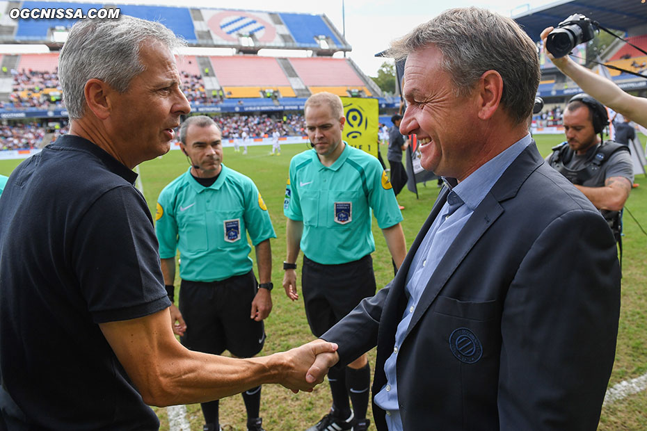 Lucien Favre avec l'ancien Aiglon Frédéric Hantz, actuel entraîneur de Montpellier